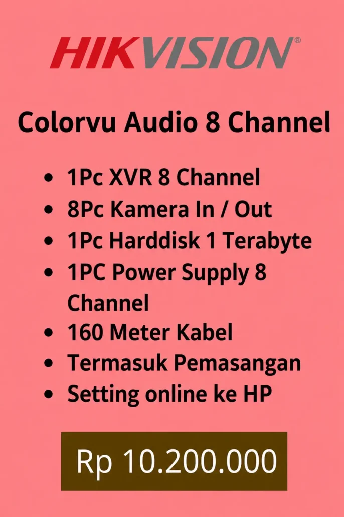 Paket cctv hikvision 8 kamera colorvu audio 2 way